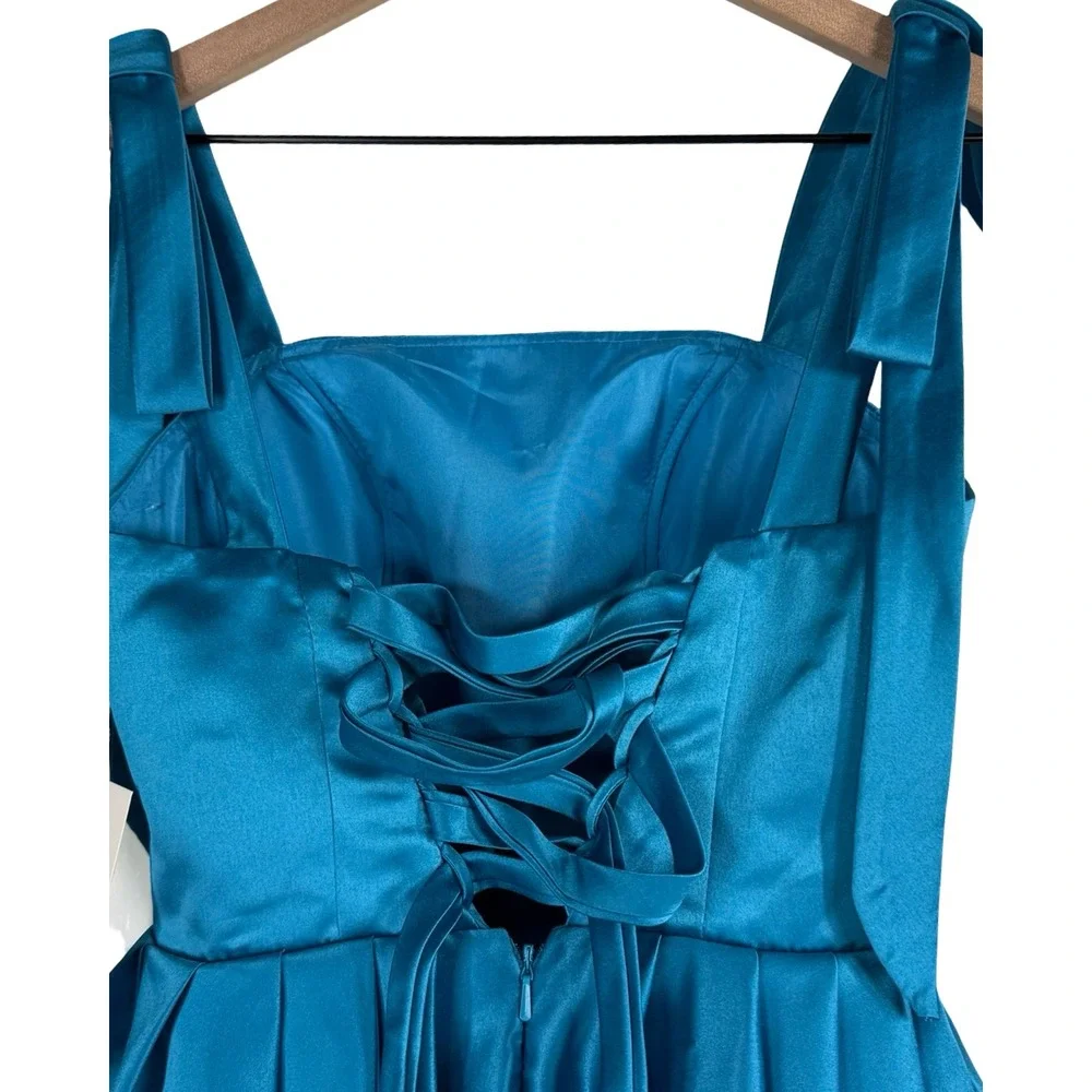 Witness of Love Teal Blue Satin Corset Back Tie Strap Mini‎ Dress Size 0 NWT